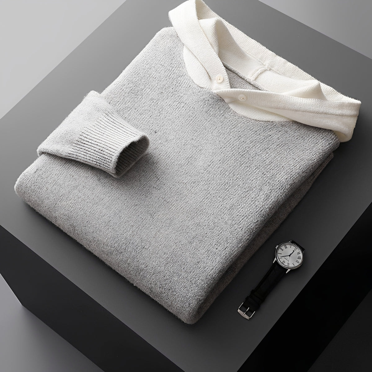 Men's Hoodie Sweater with Button Closure and Contrast Collar - Regular Fit