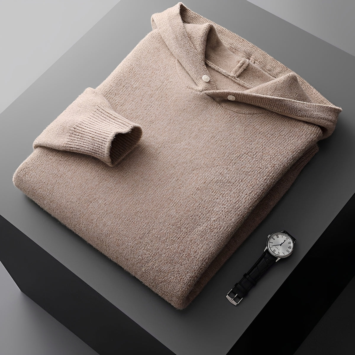 Men's Hoodie Sweater with Button Closure and Contrast Collar - Regular Fit