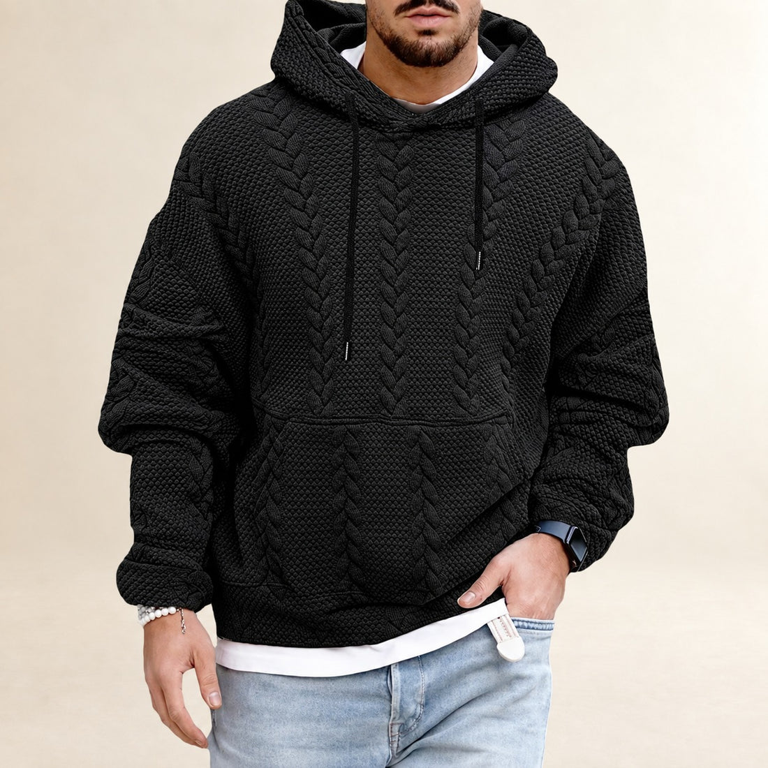 Men's Hoodie - Textured Design with Kangaroo Pocket, Loose Fit