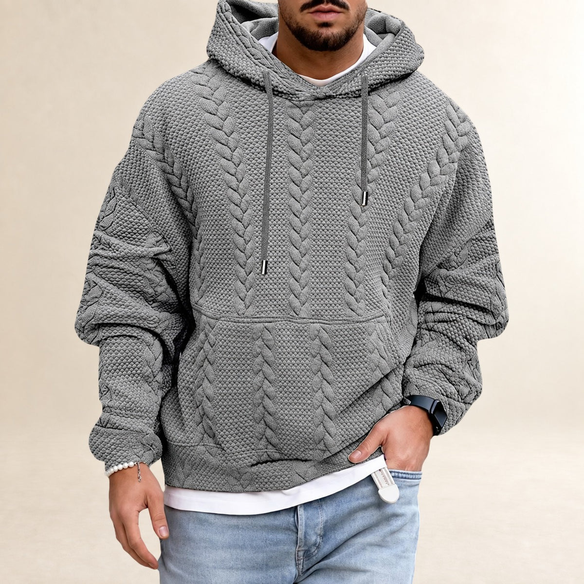 Men's Hoodie - Textured Design with Kangaroo Pocket, Loose Fit