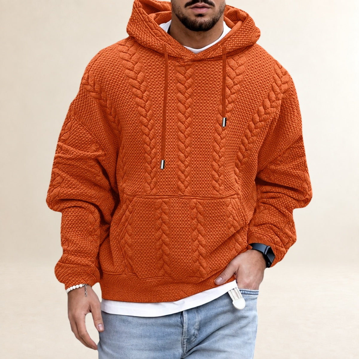 Men's Hoodie - Textured Design with Kangaroo Pocket, Loose Fit