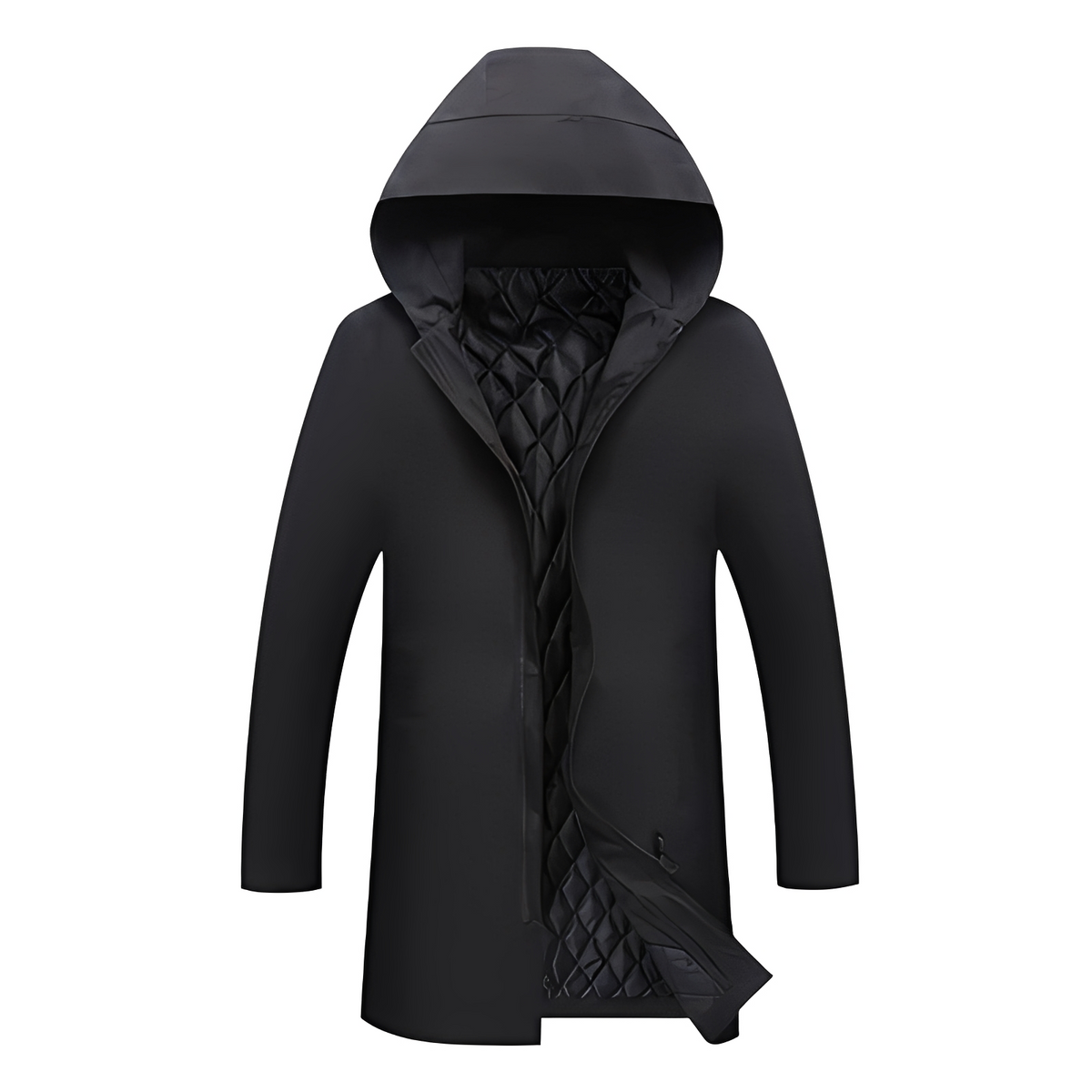 Men's insulated mid-length hooded coat with quilted lining and zip closure, regular fit
