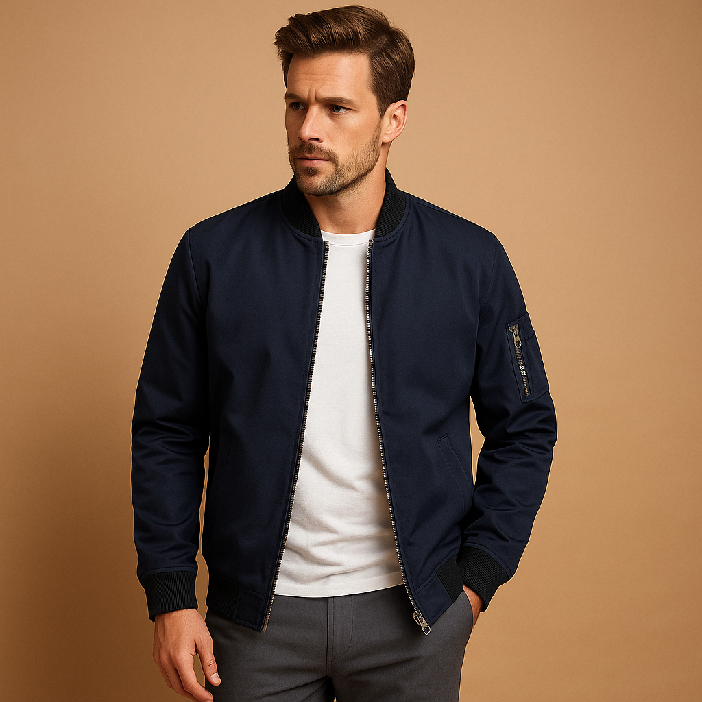 Men's Jacket Bomber Style - Zip Closure, Ribbed Cuffs, Inside Pocket