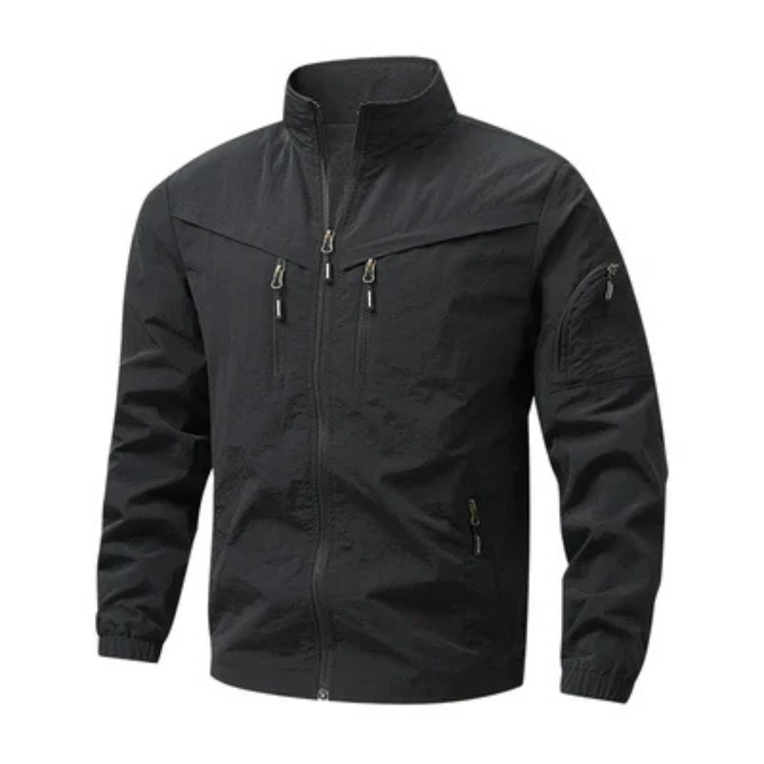Men's Jacket Structured Lightweight Full-Zip Stand Collar, Vertical Zip Chest Pockets, Sleeve Utility Pocket, Regular Fit