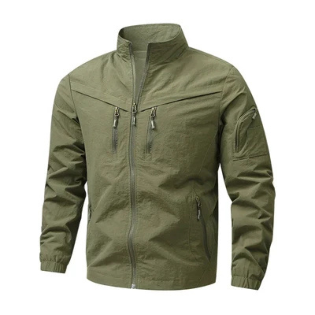Men's Jacket Structured Lightweight Full-Zip Stand Collar, Vertical Zip Chest Pockets, Sleeve Utility Pocket, Regular Fit