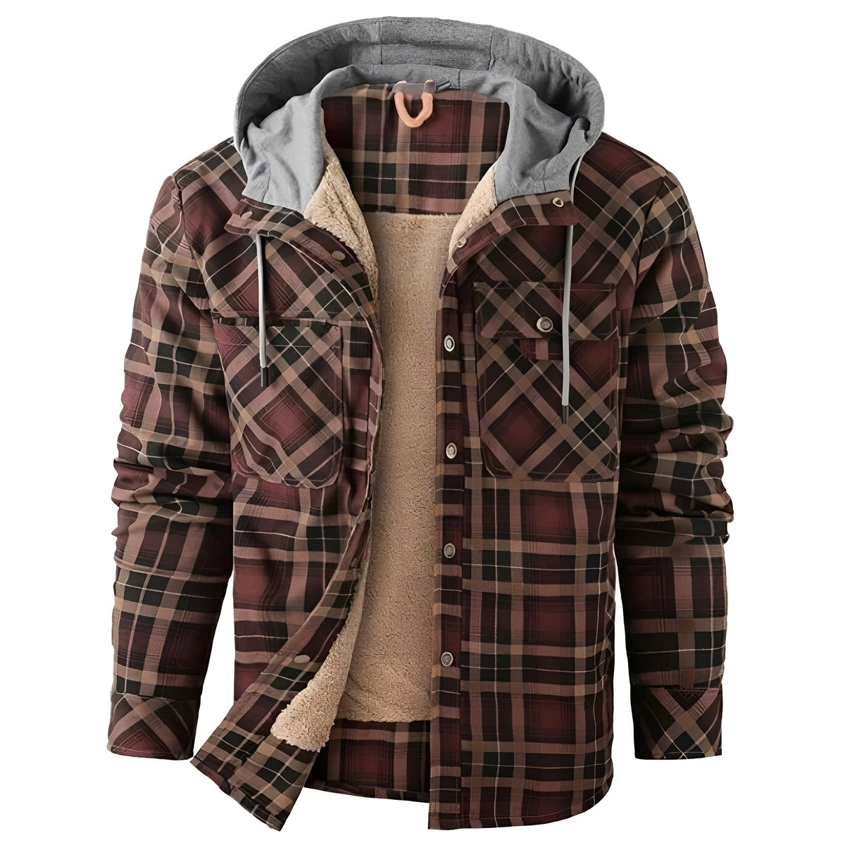 Men's Jacket with Hood and Button Closure - Plaid Design, Regular Fit