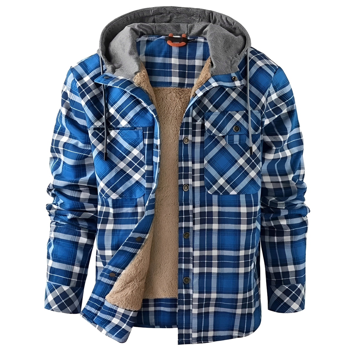 Men's Jacket with Hood and Button Closure - Plaid Design, Regular Fit