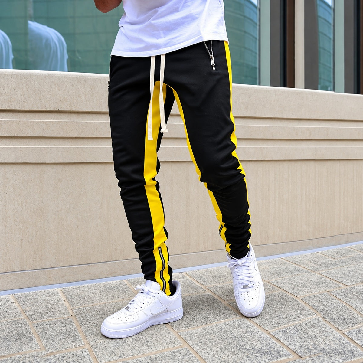 Men's Jogger Pants with Contrast Side Stripes and Zipper Pockets