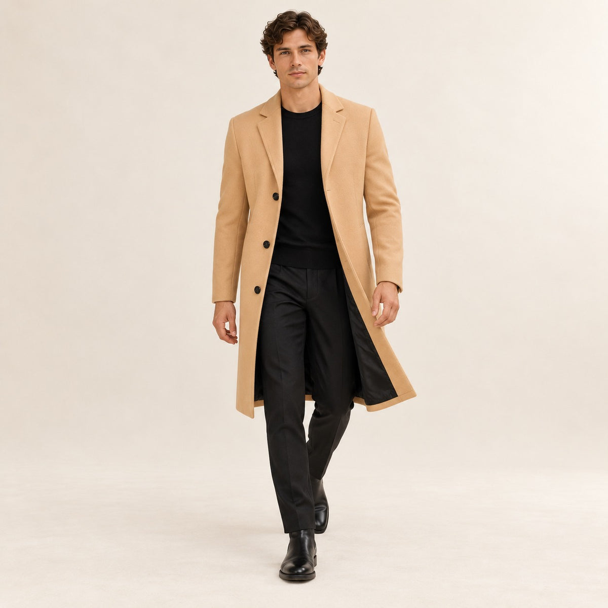 Men's Long Overcoat - Classic Design with Notched Lapel and Button Closure