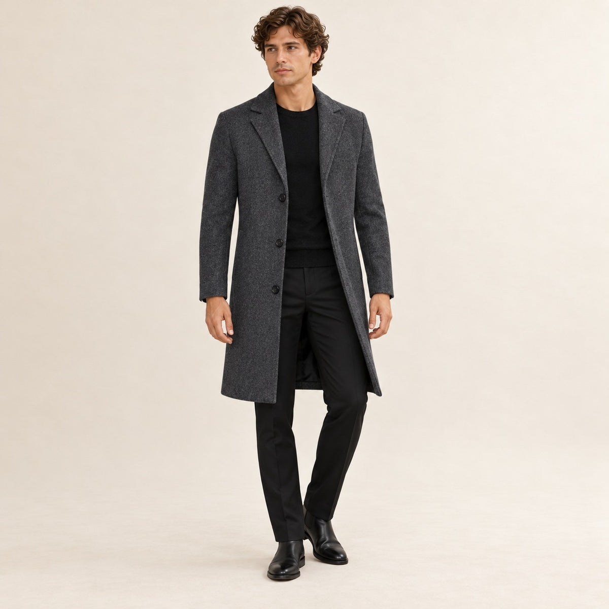 Men's Long Overcoat - Classic Design with Notched Lapel and Button Closure