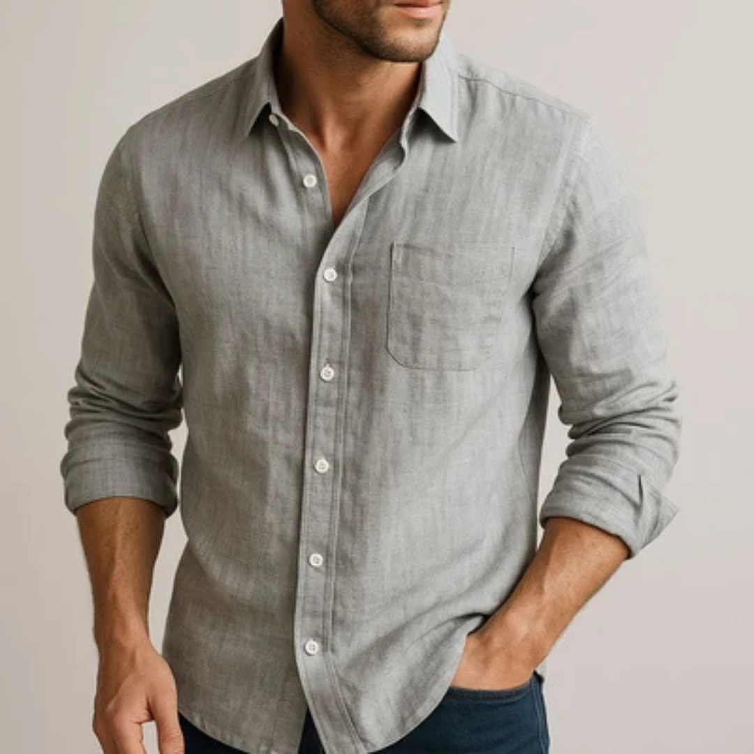 Men's Long-Sleeve Button-Front Shirt with Spread Collar, Regular Fit, Curved Hem
