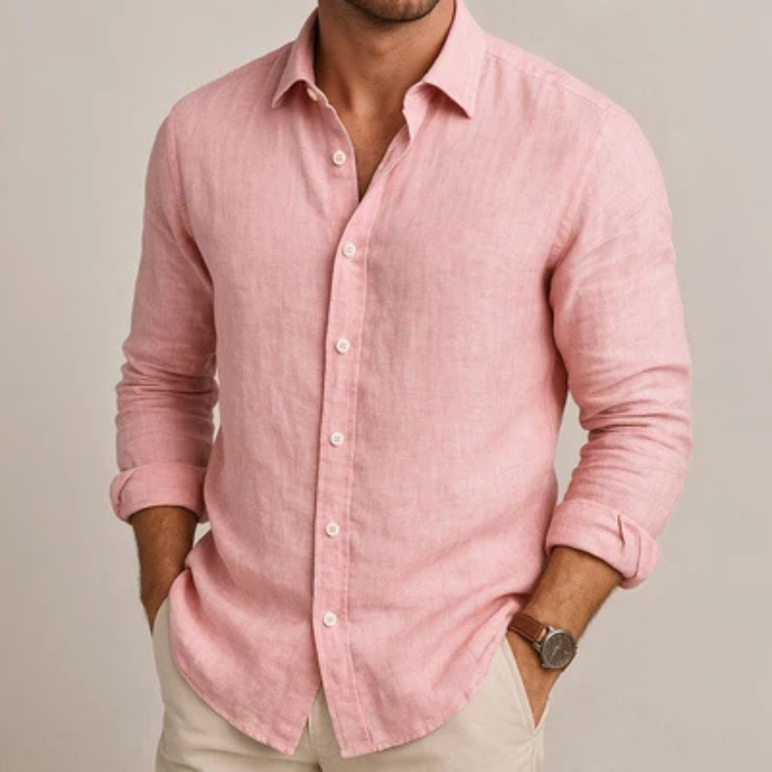 Men's Long-Sleeve Button-Front Shirt with Spread Collar, Regular Fit, Curved Hem