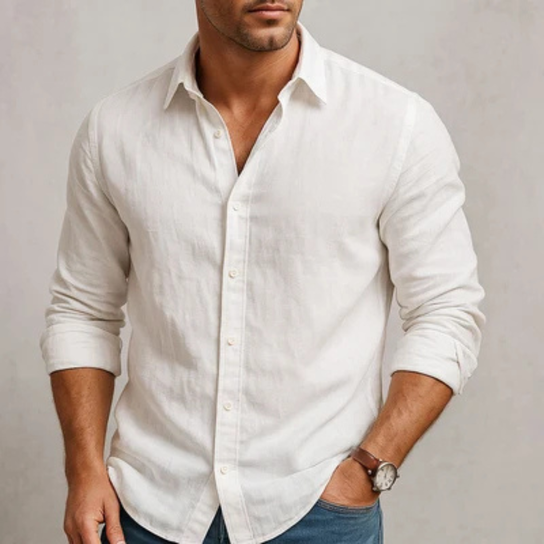 Men's Long-Sleeve Button-Front Shirt with Spread Collar, Regular Fit, Curved Hem