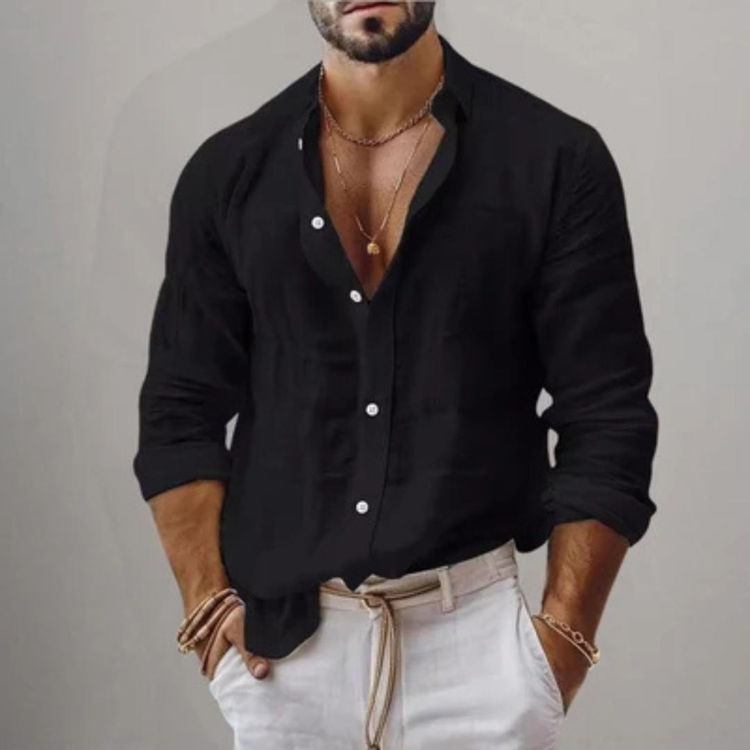 Men's Long-Sleeve Button-Front Shirt with Spread Collar, Regular Fit, Curved Hem