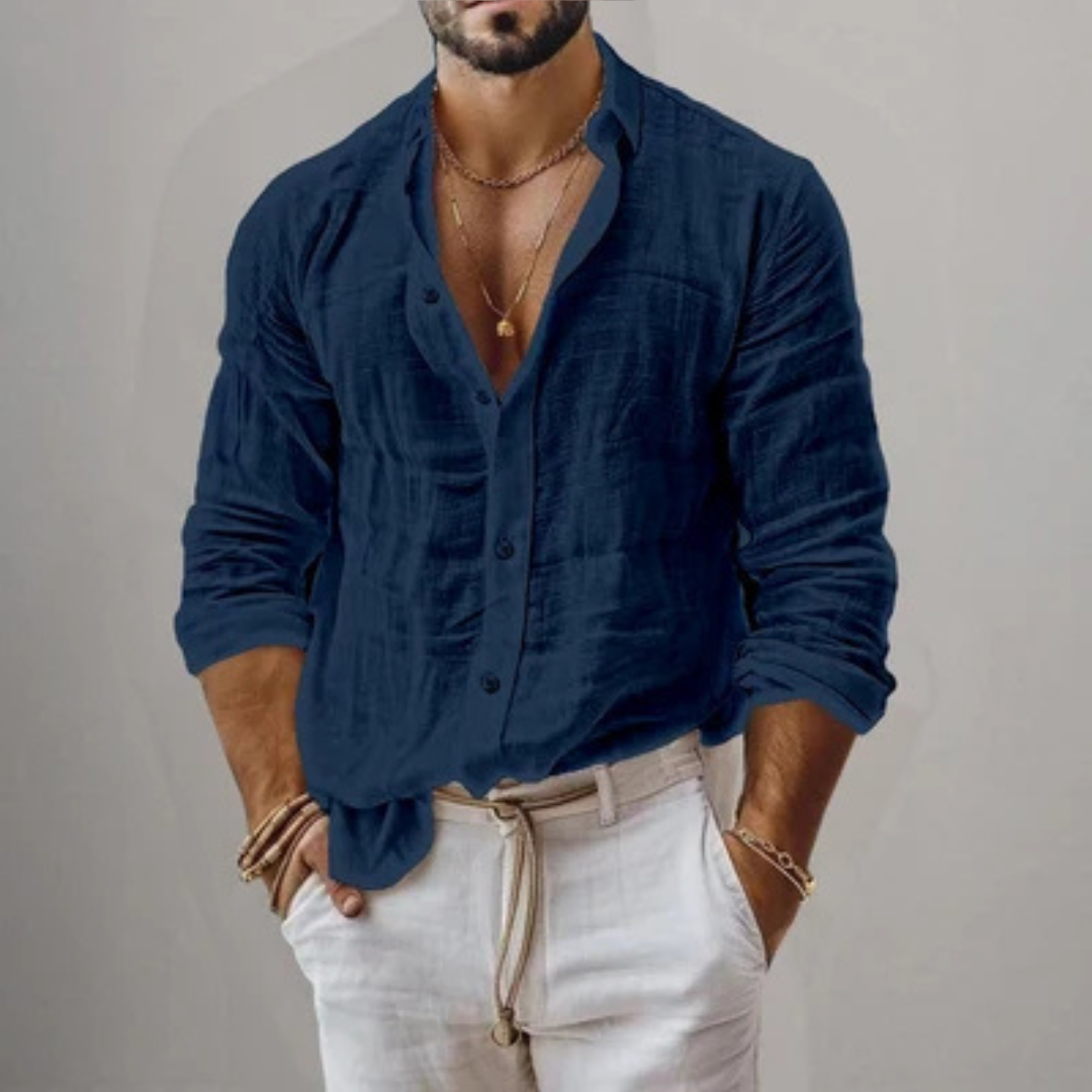 Men's Long-Sleeve Button-Front Shirt with Spread Collar, Regular Fit, Curved Hem
