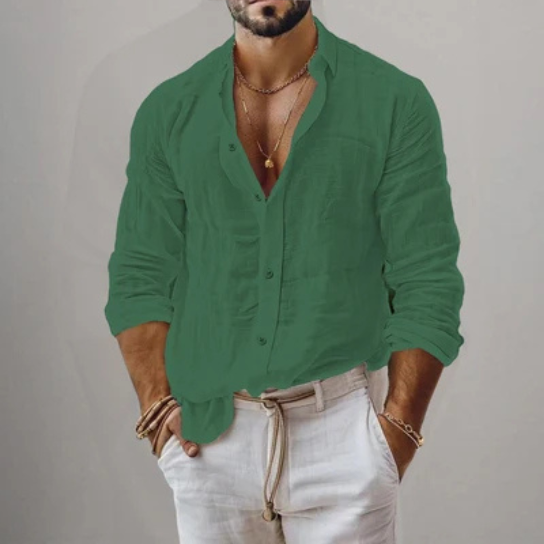 Men's Long-Sleeve Button-Front Shirt with Spread Collar, Regular Fit, Curved Hem