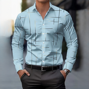 Men's Long-Sleeve Button-Up Shirt, Geometric Cross-Line Print, Spread Collar, Regular Fit