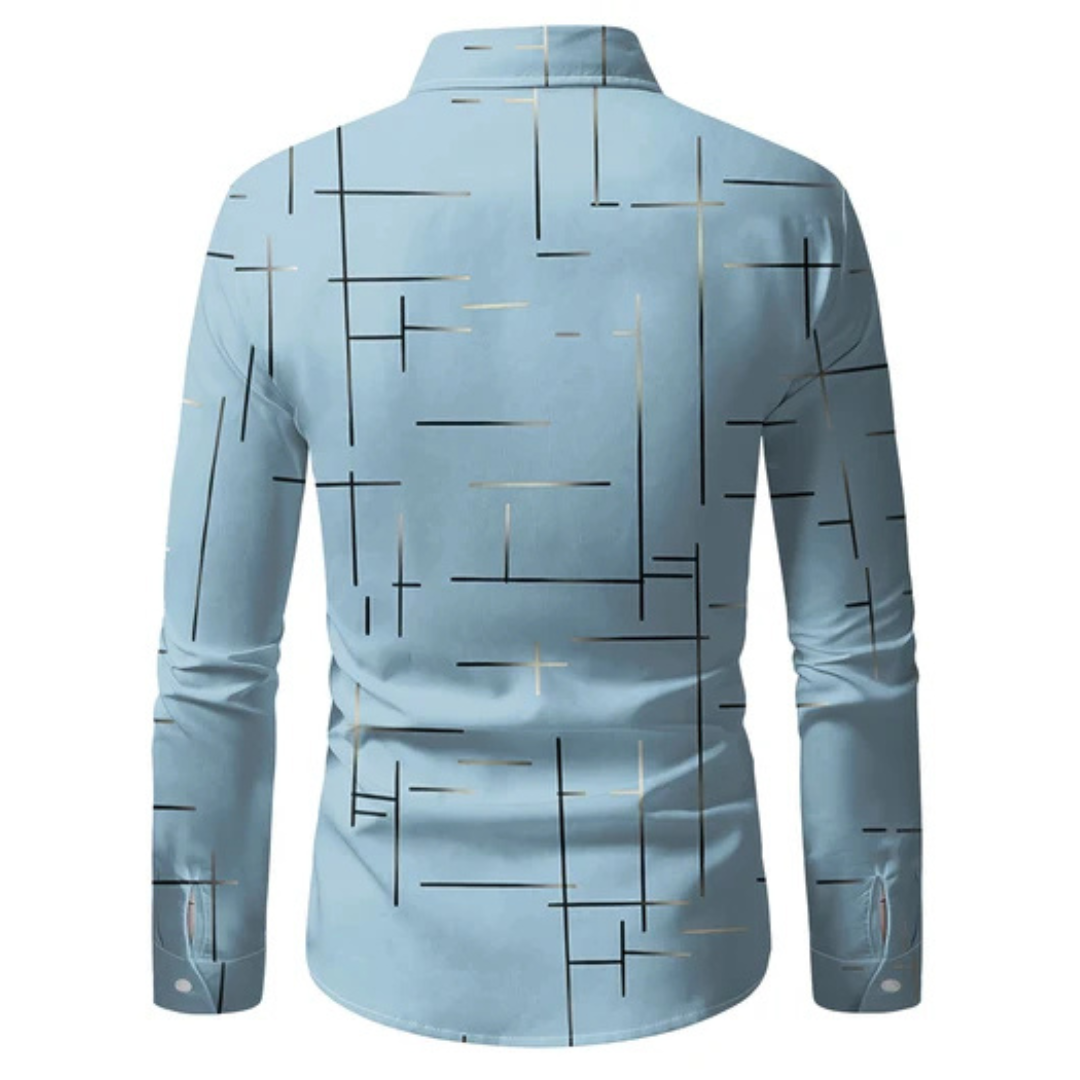 Men's Long-Sleeve Button-Up Shirt, Geometric Cross-Line Print, Spread Collar, Regular Fit