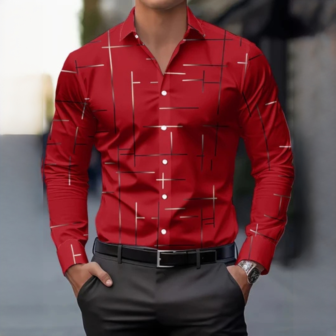 Men's Long-Sleeve Button-Up Shirt, Geometric Cross-Line Print, Spread Collar, Regular Fit