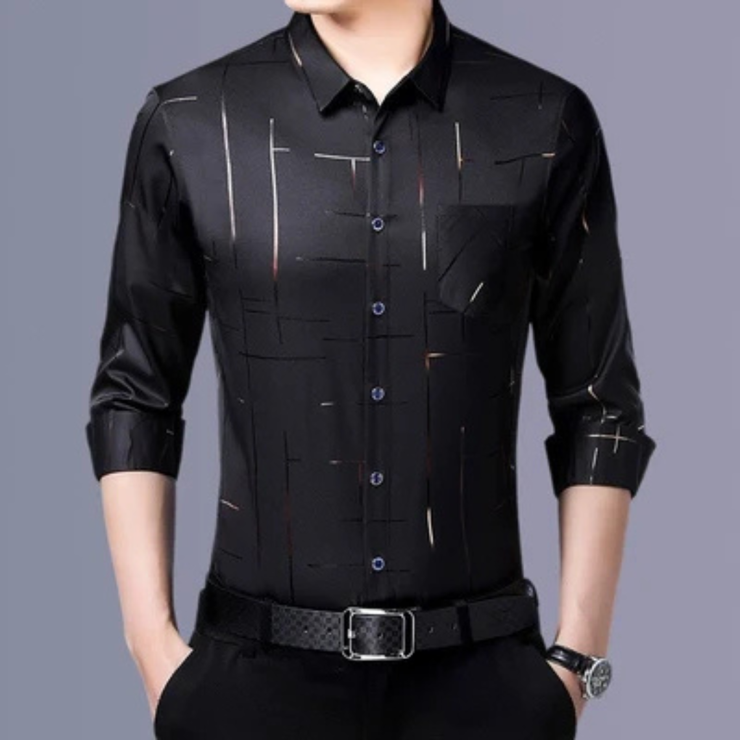 Men's Long-Sleeve Button-Up Shirt, Geometric Cross-Line Print, Spread Collar, Regular Fit