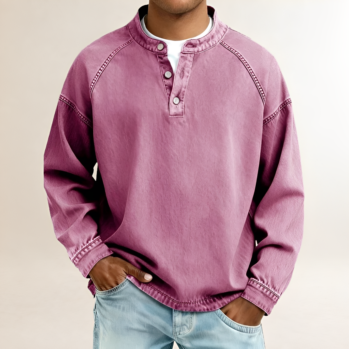 Men's Long Sleeve Henley Shirt with Band Collar, Raglan Sleeves, Relaxed Fit, Vintage-Washed Finish