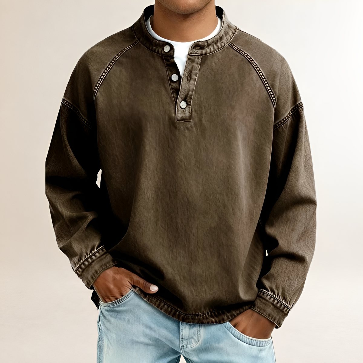 Men's Long Sleeve Henley Shirt with Band Collar, Raglan Sleeves, Relaxed Fit, Vintage-Washed Finish