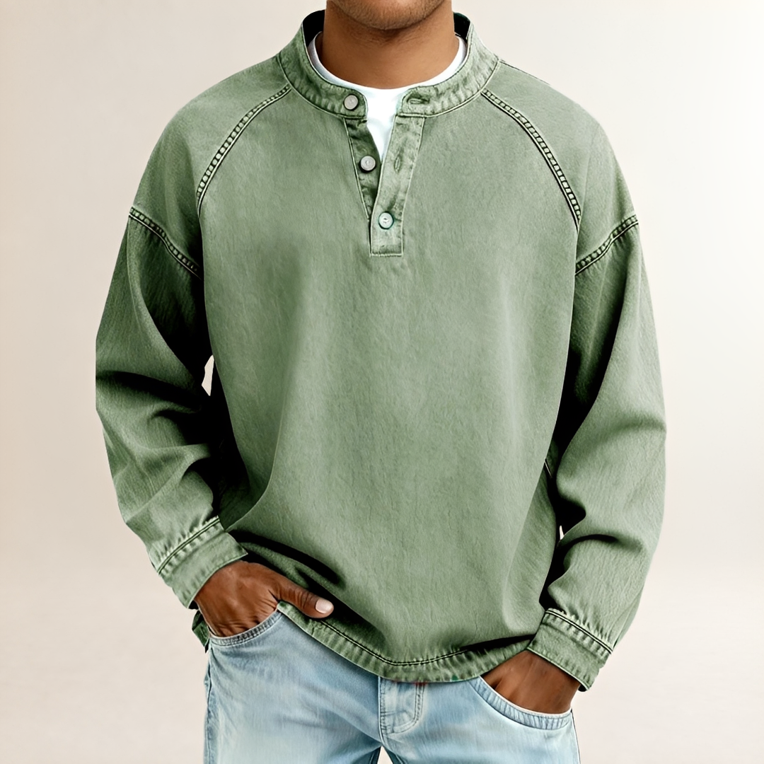 Men's Long Sleeve Henley Shirt with Band Collar, Raglan Sleeves, Relaxed Fit, Vintage-Washed Finish