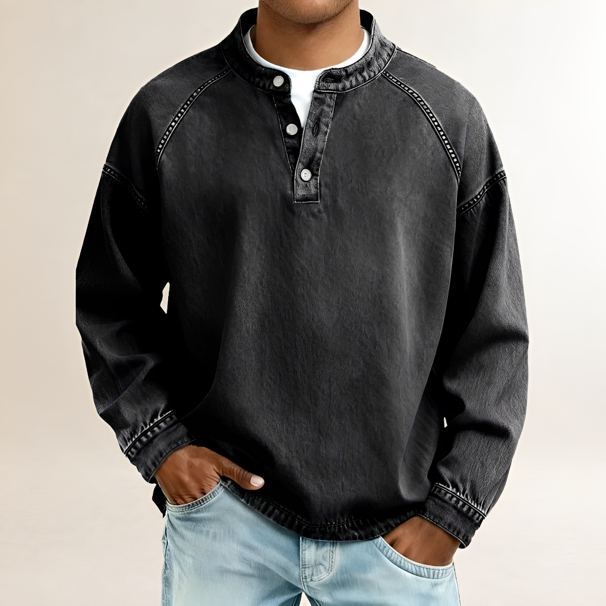 Men's Long Sleeve Henley Shirt with Band Collar, Raglan Sleeves, Relaxed Fit, Vintage-Washed Finish