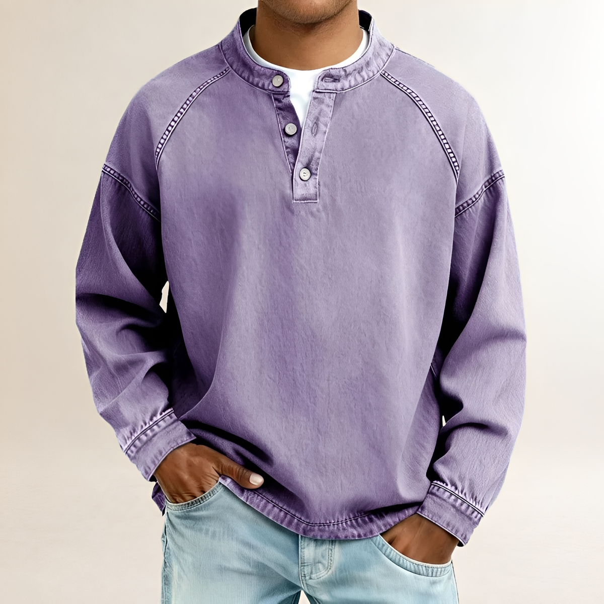 Men's Long Sleeve Henley Shirt with Band Collar, Raglan Sleeves, Relaxed Fit, Vintage-Washed Finish