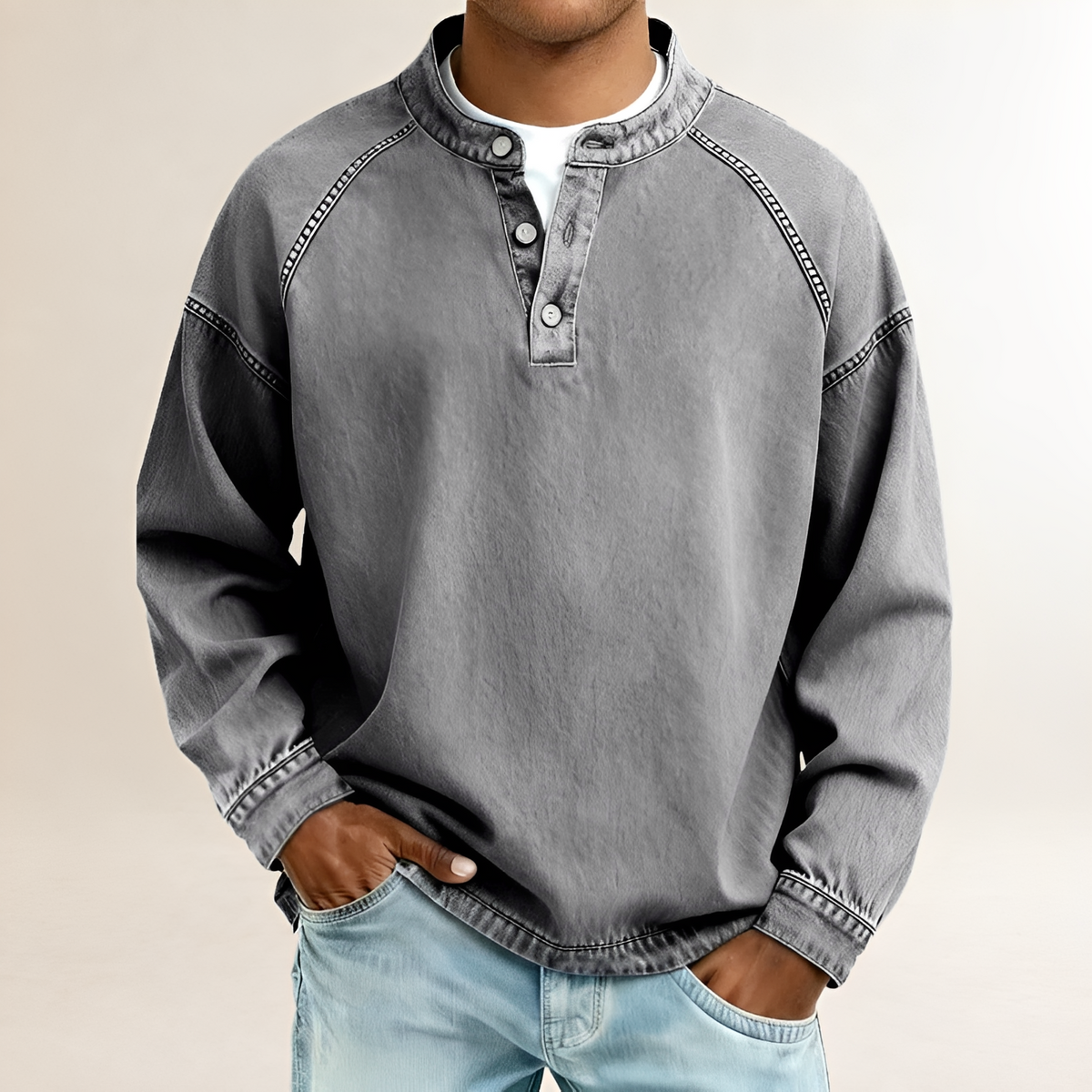 Men's Long Sleeve Henley Shirt with Band Collar, Raglan Sleeves, Relaxed Fit, Vintage-Washed Finish