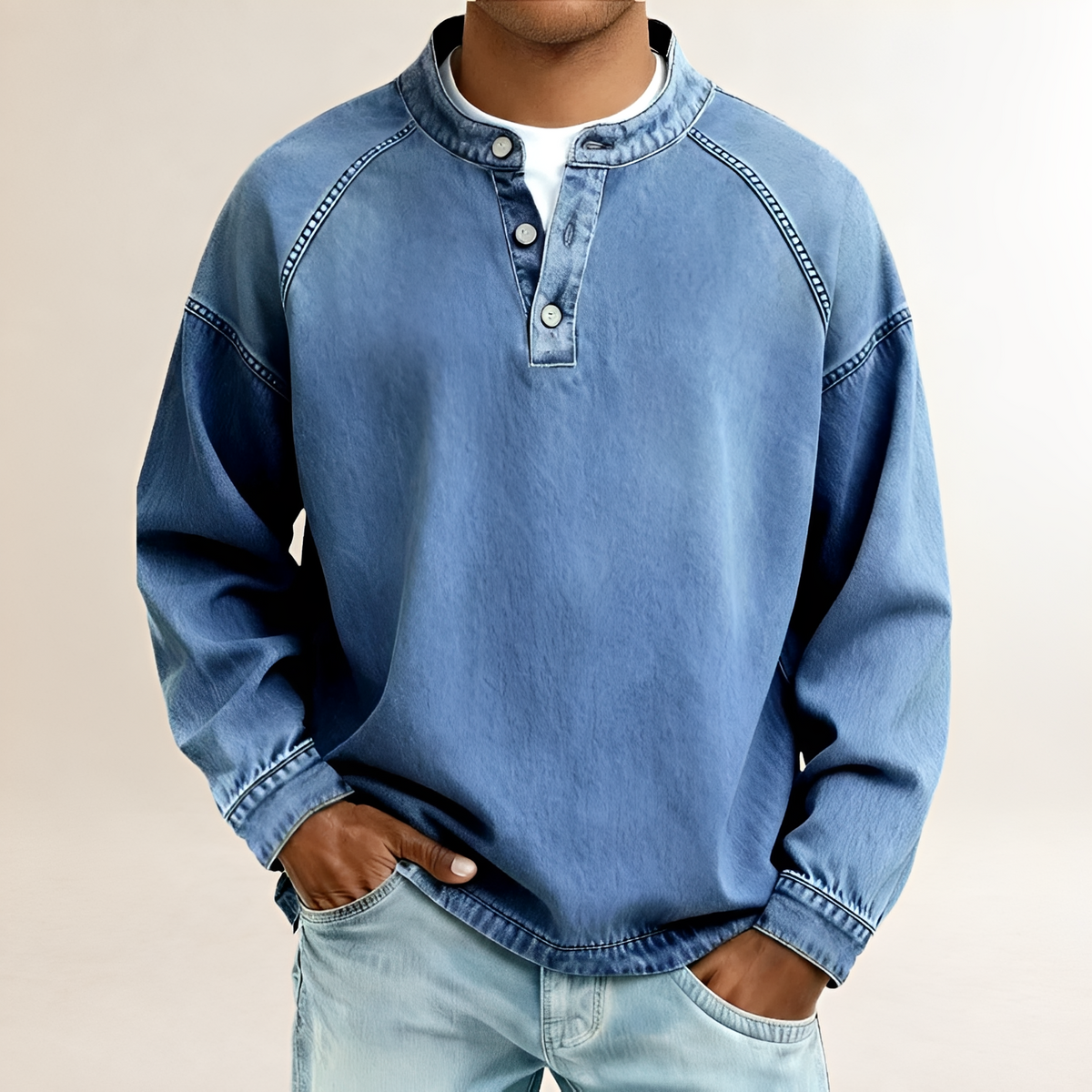 Men's Long Sleeve Henley Shirt with Band Collar, Raglan Sleeves, Relaxed Fit, Vintage-Washed Finish