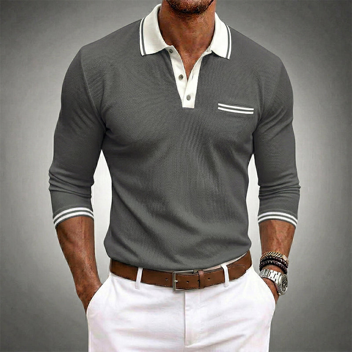 Men's Long Sleeve Polo Shirt with Contrast Trim and Chest Pocket