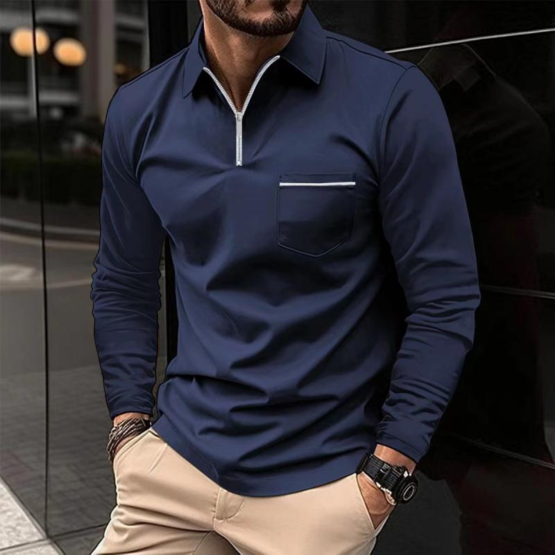 Men's Long-Sleeve Polo Shirt with Quarter-Zip Collar and Chest Pocket, Regular Fit