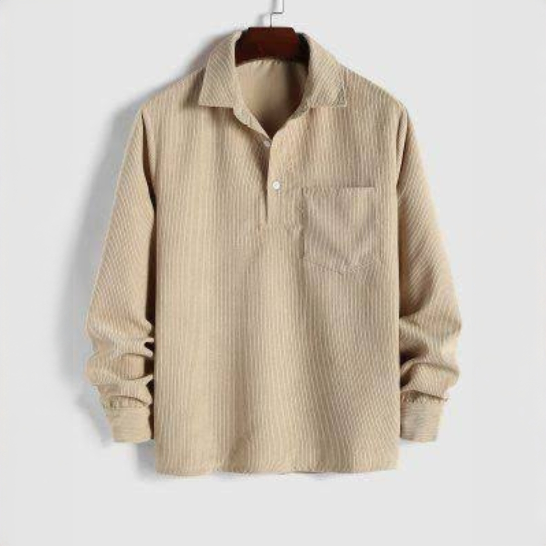 Men's Long-Sleeve Popover Shirt with Point Collar and Chest Pocket - Relaxed Fit
