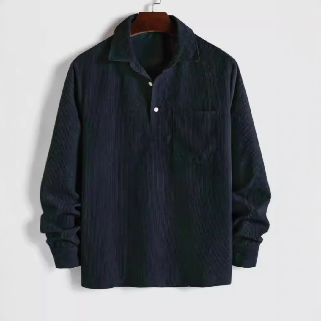 Men's Long-Sleeve Popover Shirt with Point Collar and Chest Pocket - Relaxed Fit
