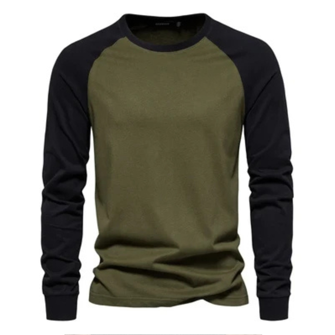 Men's Long-Sleeve Raglan Shirt with Contrast Sleeves, Crew Neck, Slim Fit, Chest Logo