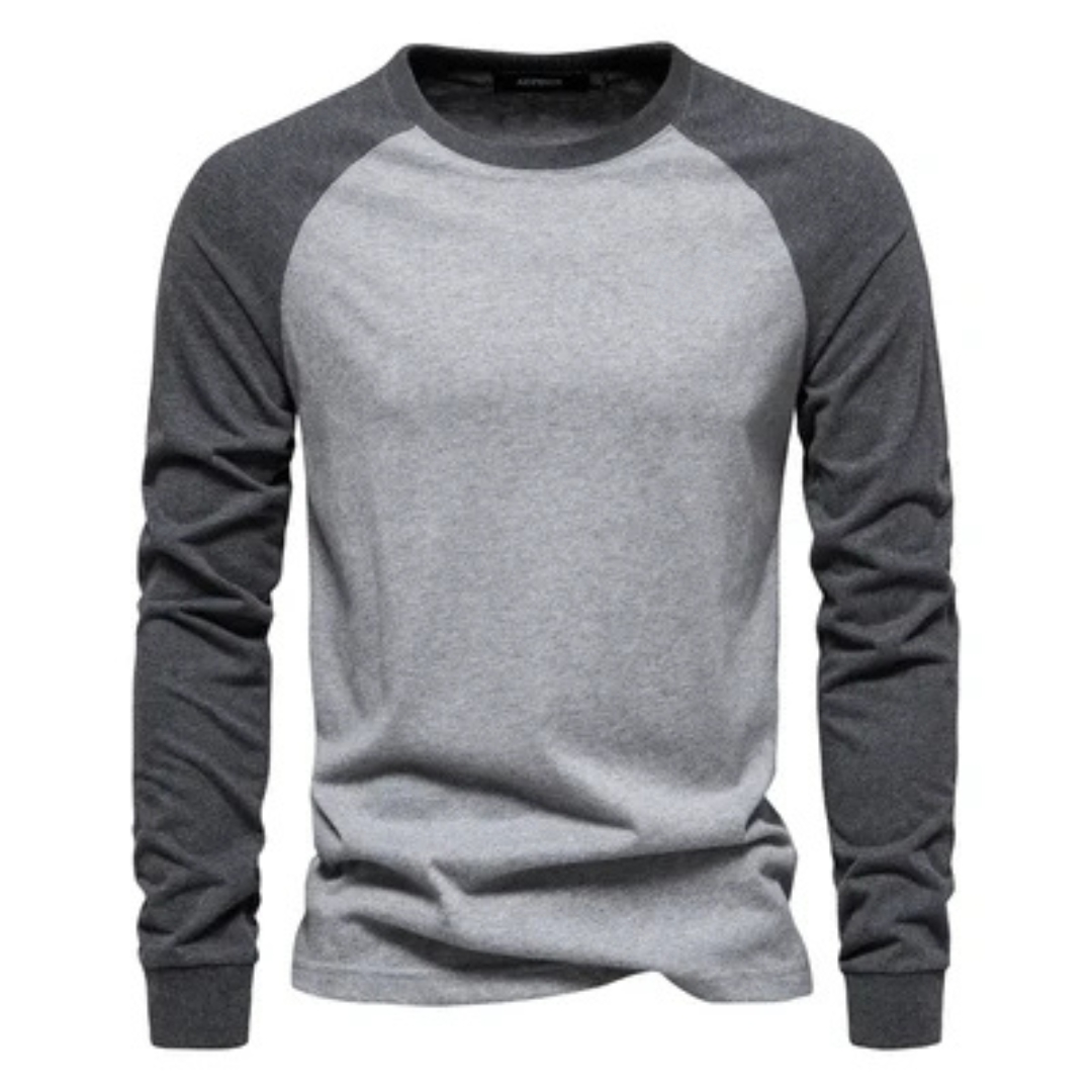 Men's Long-Sleeve Raglan Shirt with Contrast Sleeves, Crew Neck, Slim Fit, Chest Logo