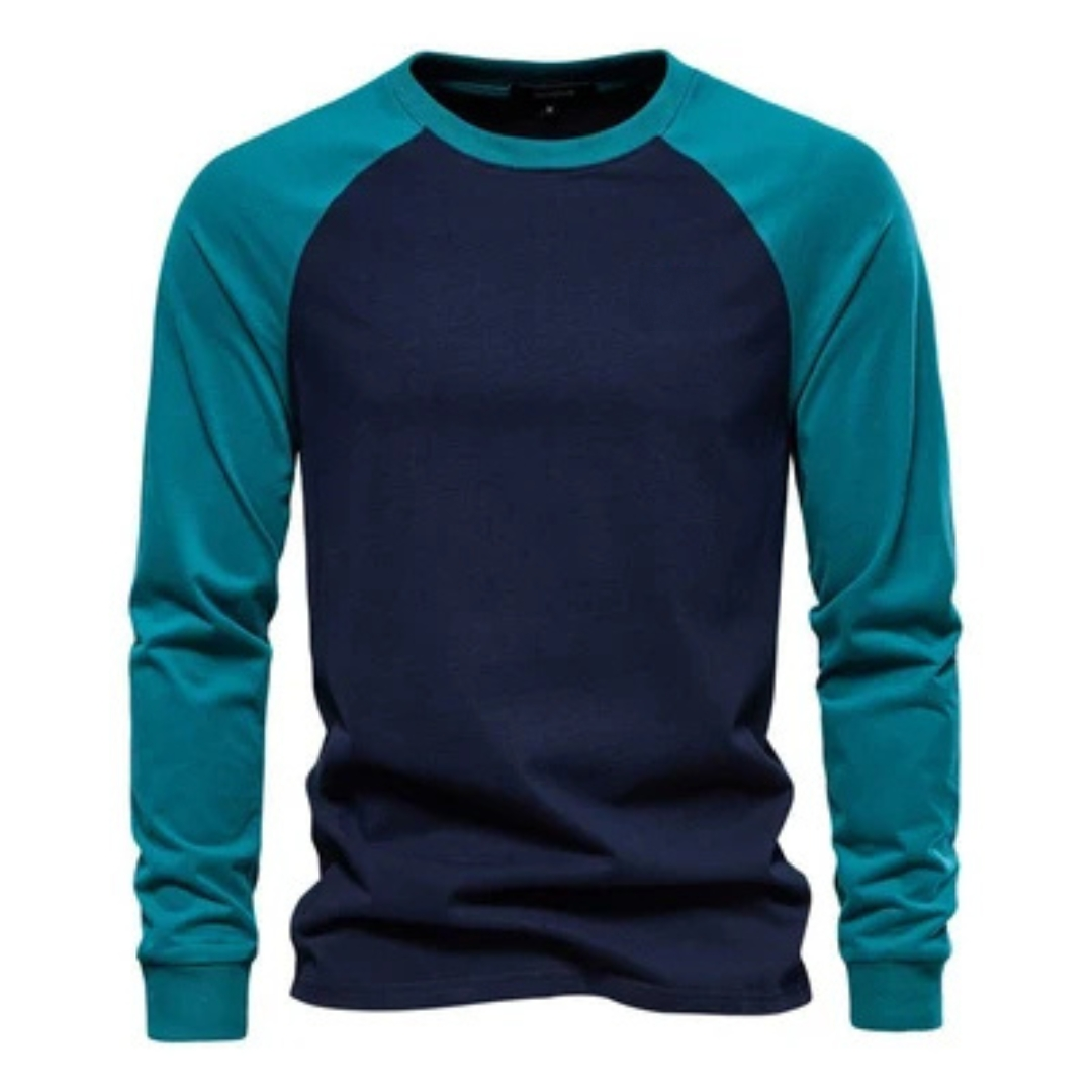 Men's Long-Sleeve Raglan Shirt with Contrast Sleeves, Crew Neck, Slim Fit, Chest Logo