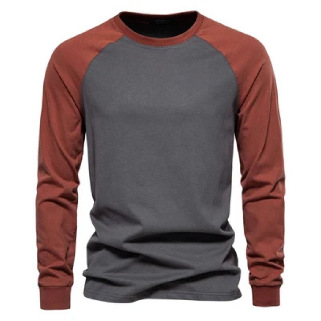Men's Long-Sleeve Raglan Shirt with Contrast Sleeves, Crew Neck, Slim Fit, Chest Logo