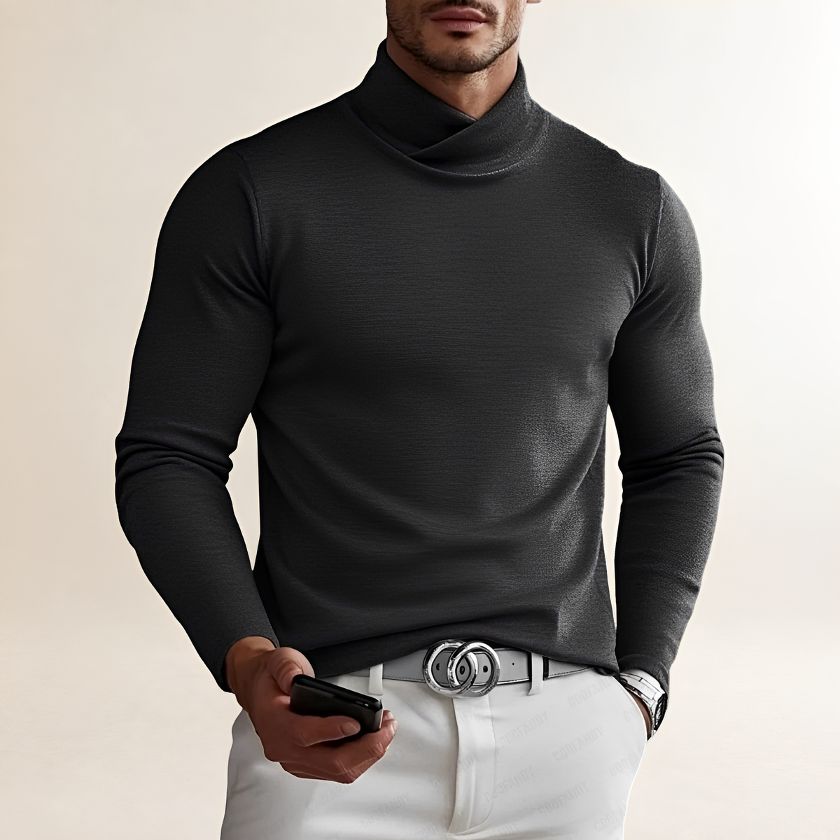 Men's Long-Sleeved Turtleneck Shirt - Cross Neck Design, Fitted Style