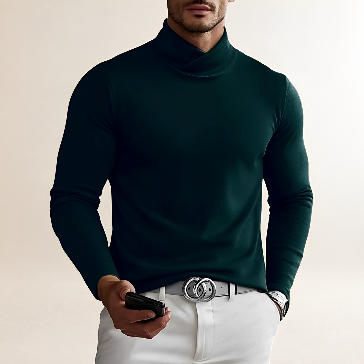 Men's Long-Sleeved Turtleneck Shirt - Cross Neck Design, Fitted Style
