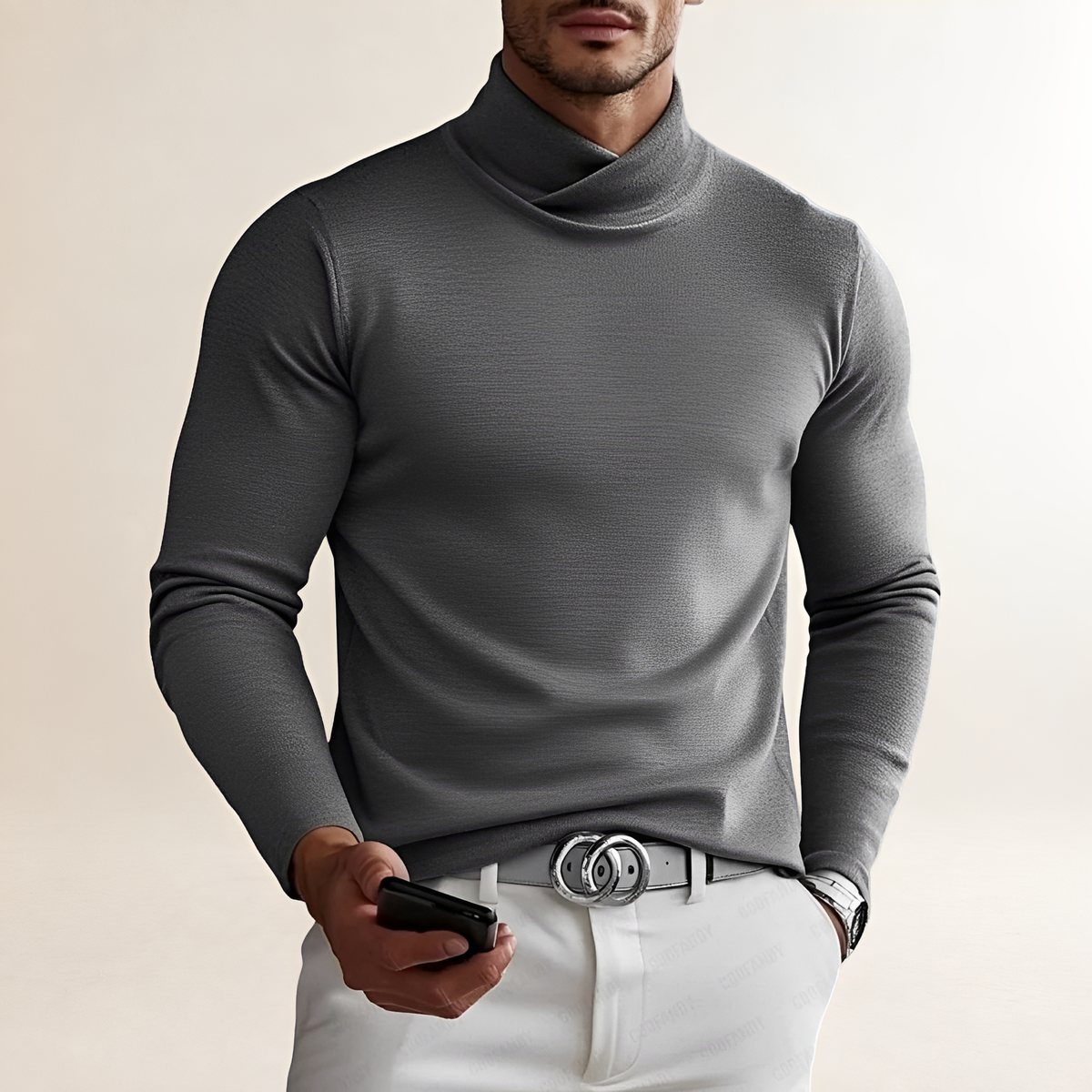 Men's Long-Sleeved Turtleneck Shirt - Cross Neck Design, Fitted Style