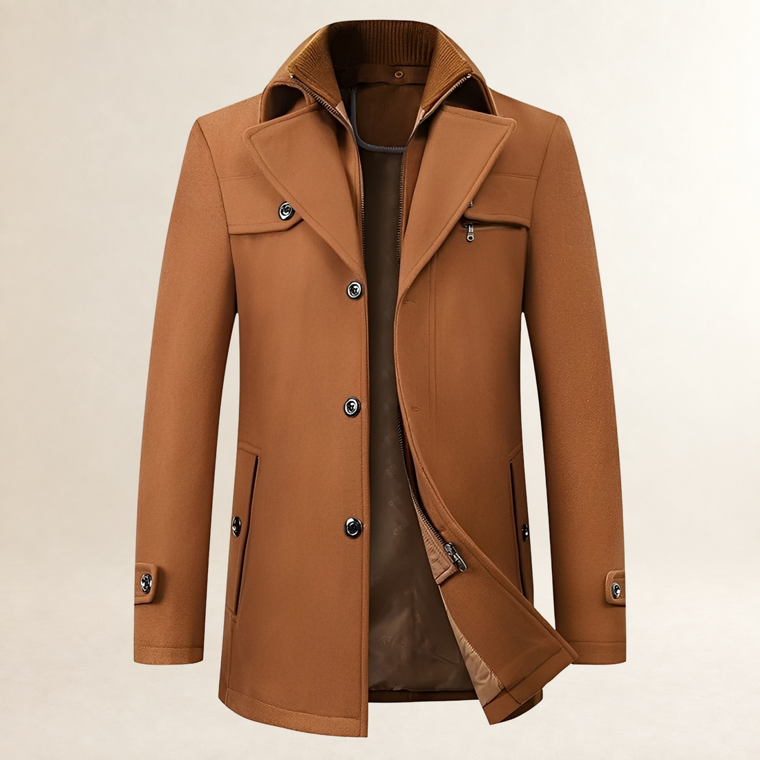Men's Mid-Length Pea Coat - Notched Lapel, Button Front, Flap Pockets