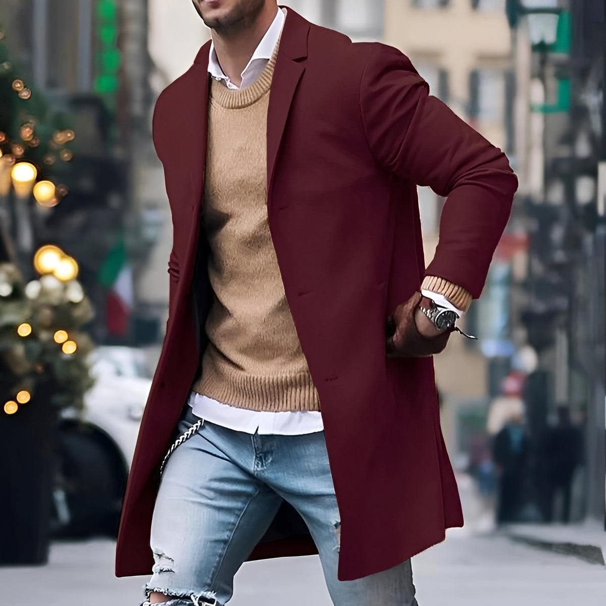 Men's Mid-Length Single Breasted Coat with Notch Lapel - Fitted Silhouette