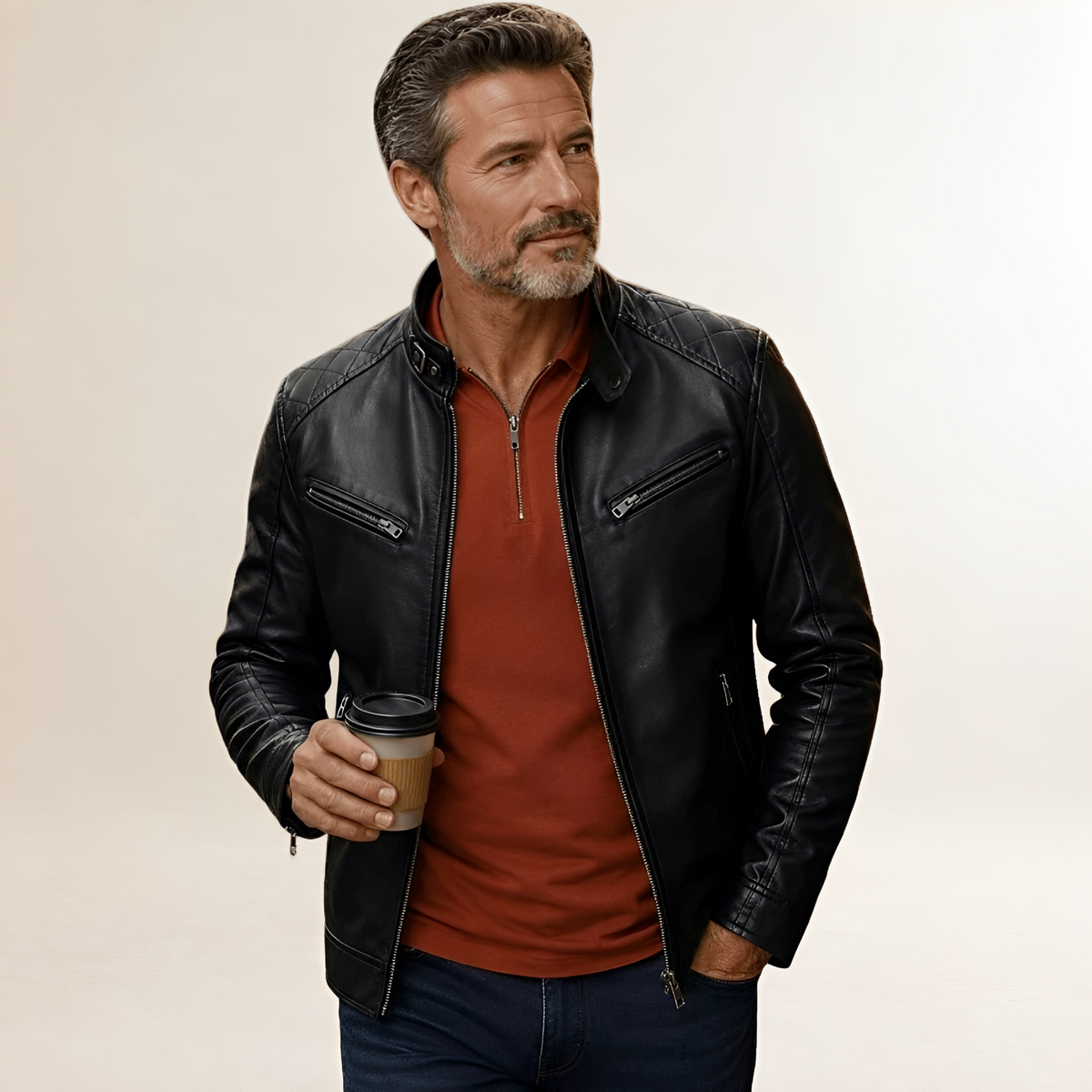 Men's Moto Jacket Zip-Front Biker-Style with Stand Collar, Snap Tab & Chest Zip Pockets