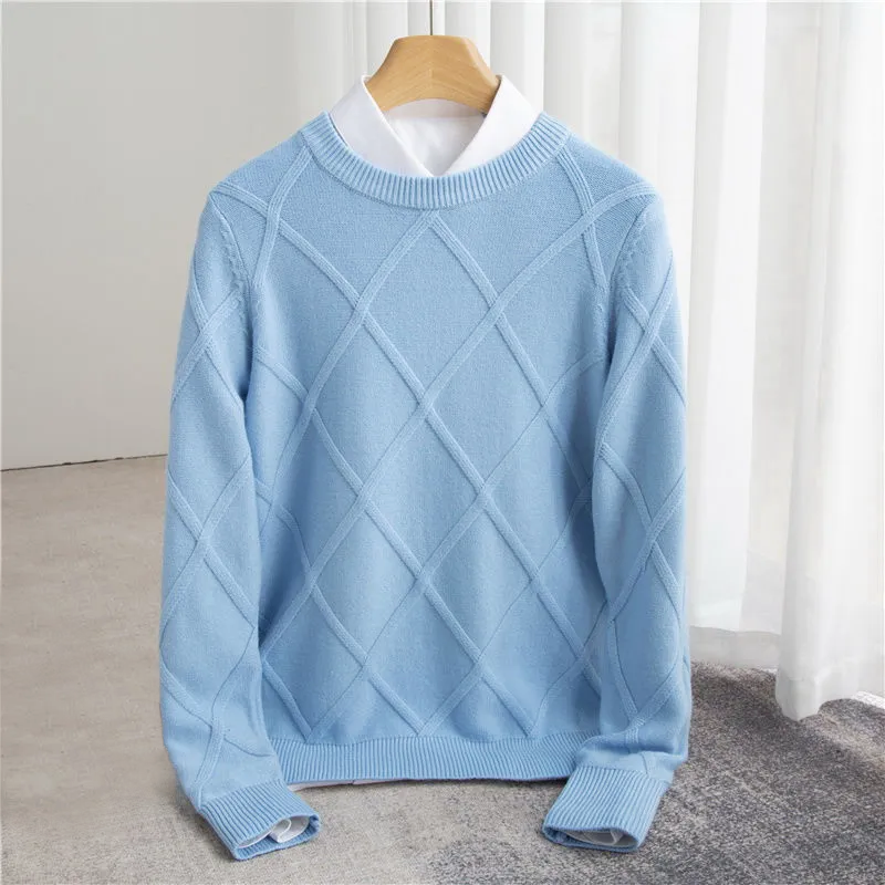 Men's O-Neck Sweater with Argyle Pattern and Ribbed Cuffs - Regular Fit