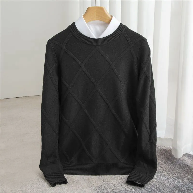 Men's O-Neck Sweater with Argyle Pattern and Ribbed Cuffs - Regular Fit