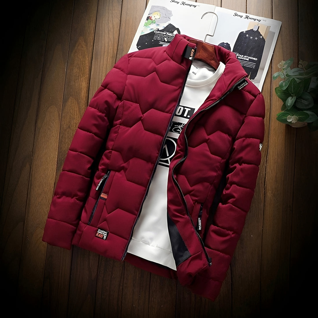Men's Padded Jacket with Geometric Quilting and Zipper Pockets