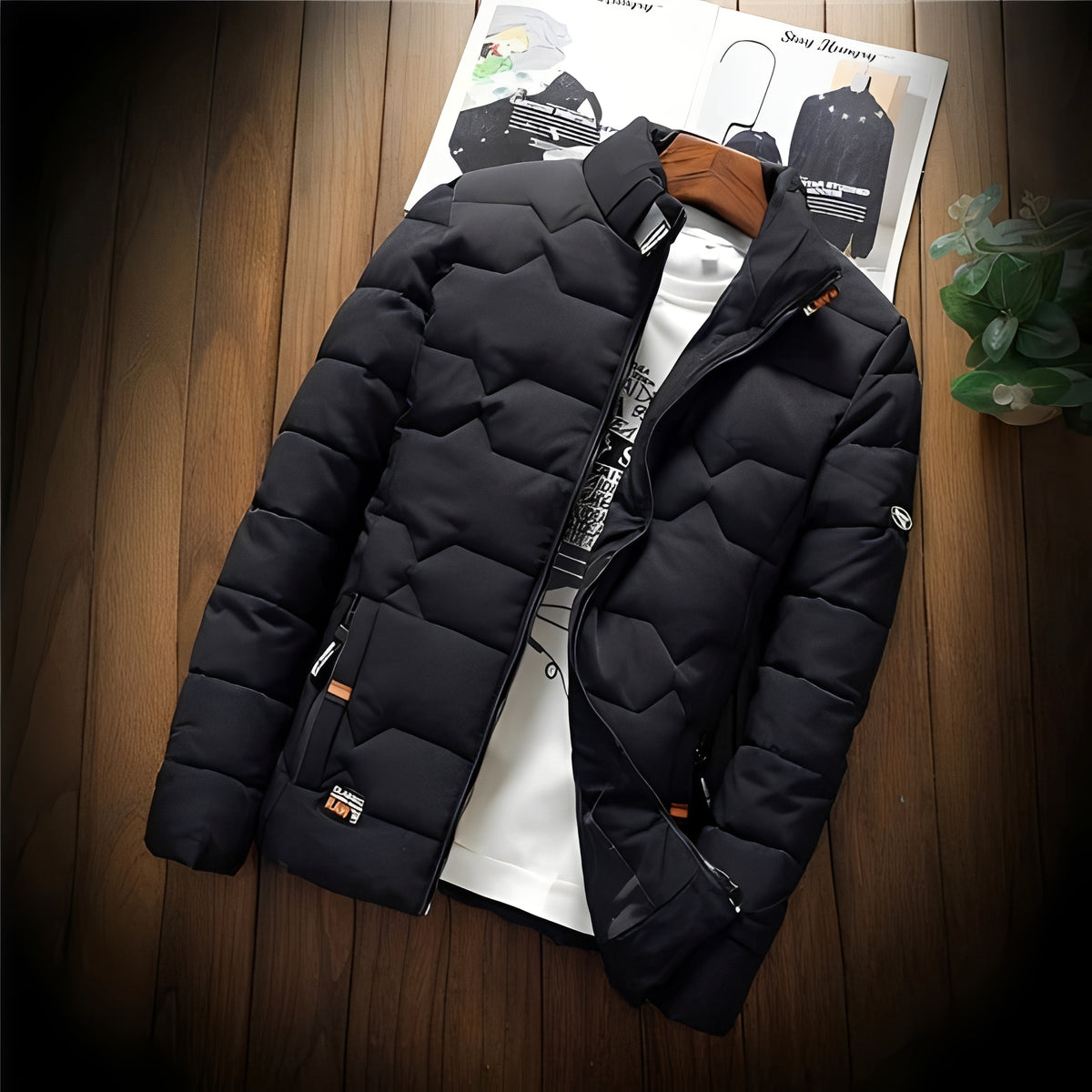 Men's Padded Jacket with Geometric Quilting and Zipper Pockets