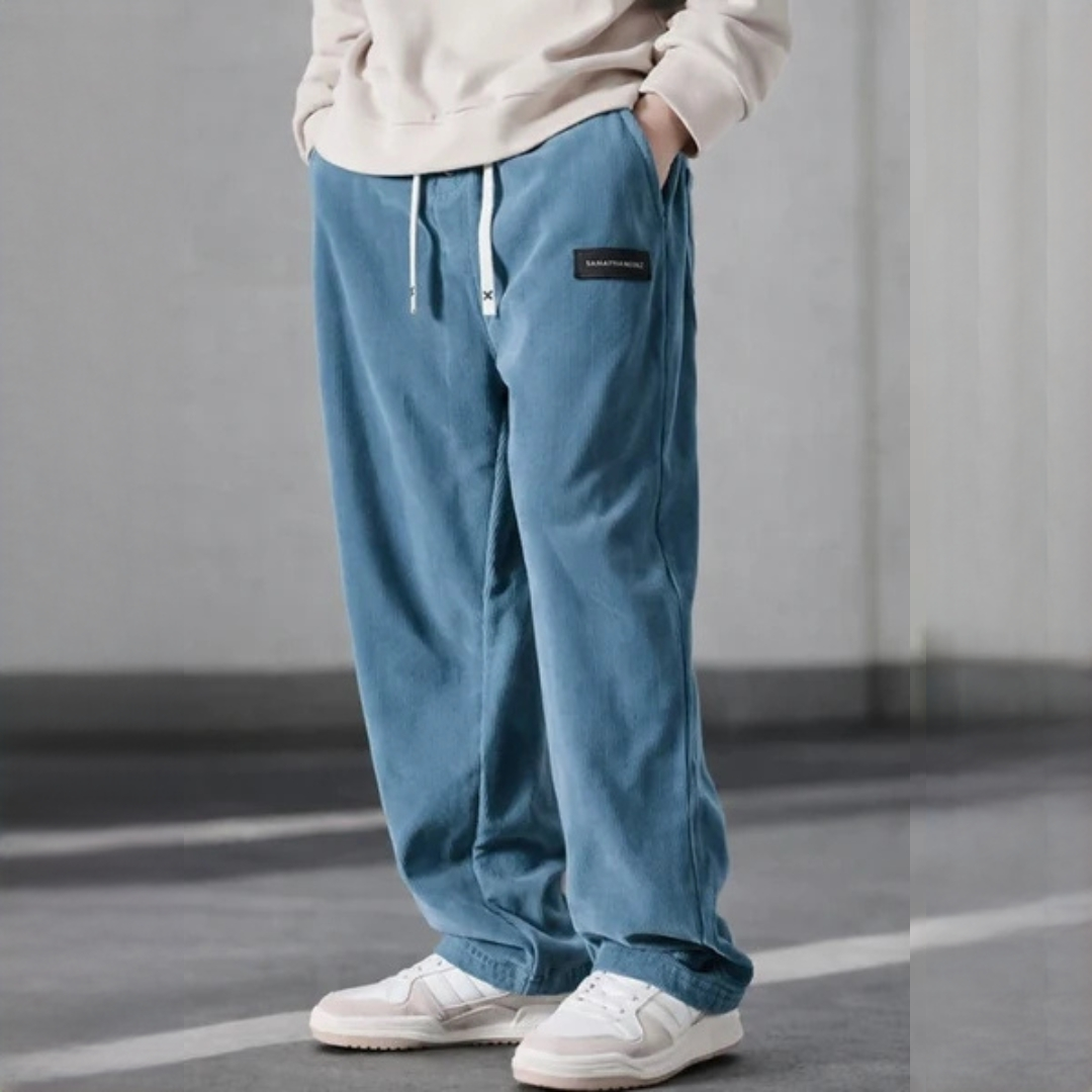 Men's Pants - Adjustable Drawstring Waist, Relaxed Straight‑Leg, Side Pockets, Logo Patch